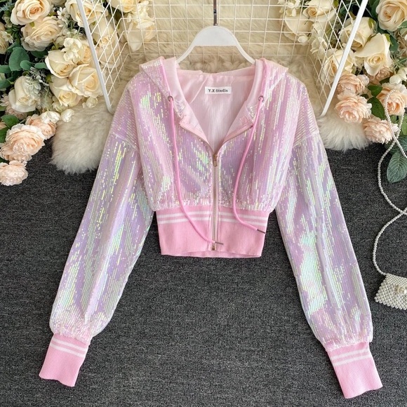 Sequin hoodie bomber jacket shiny sparkle pink black white stripe sporty womens - Picture 3 of 9